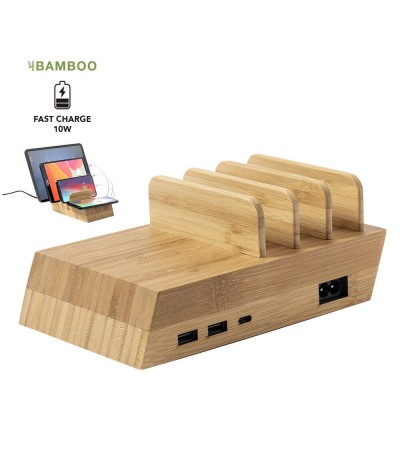 Chargeur sans fil 4 appareils 10W bambou. 2 sorties USB & Type C