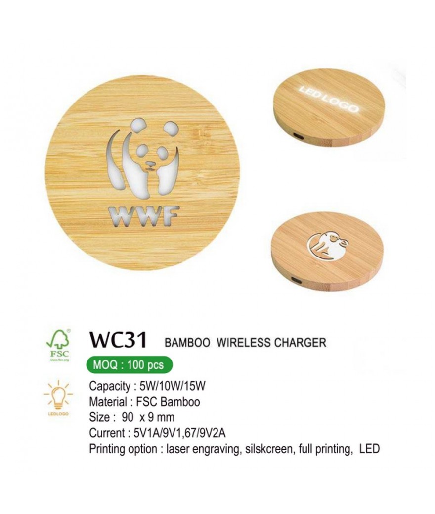 Chargeur sans fil en bambou avec logo lumineux